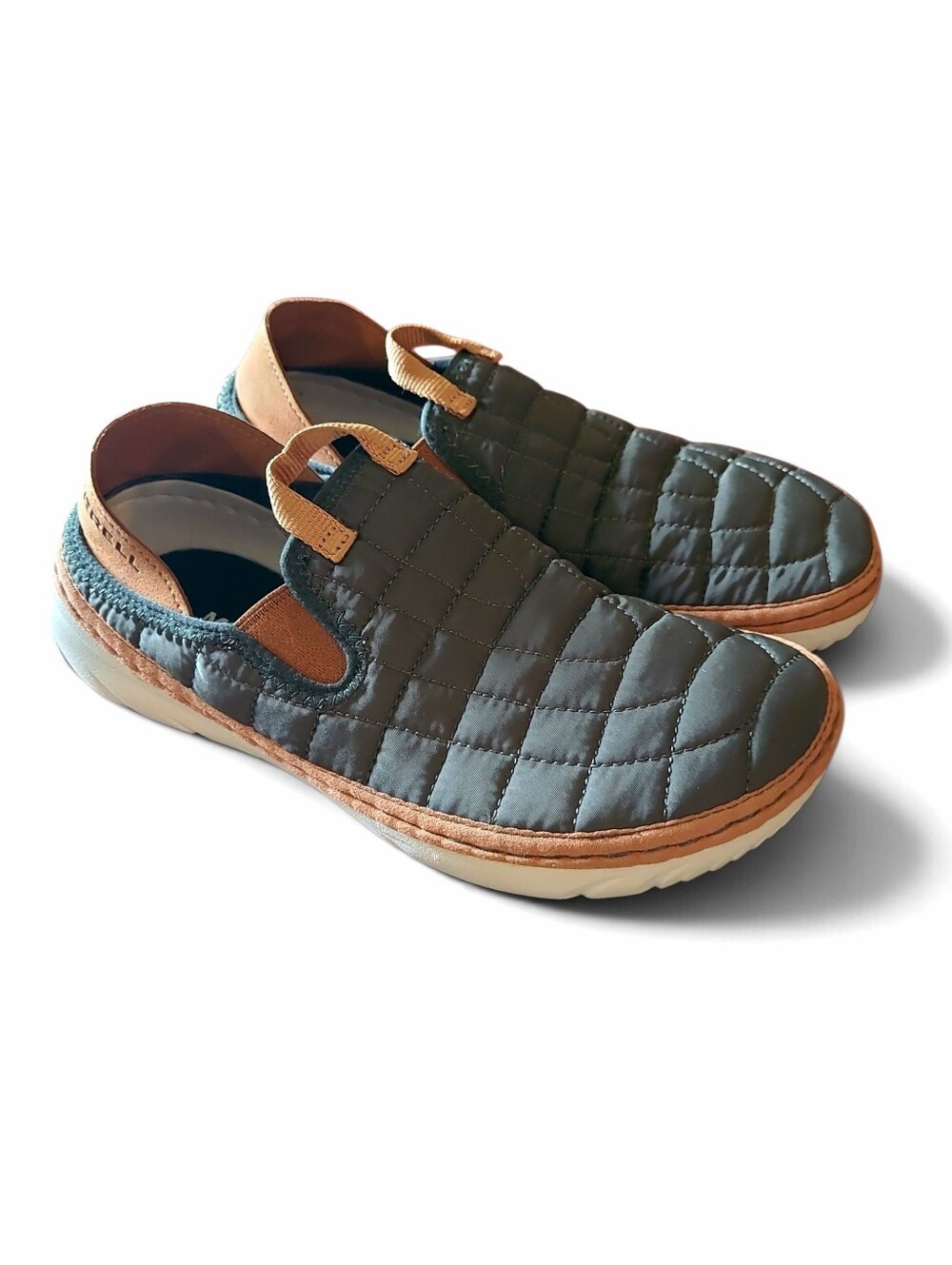 Women's Merrell Quilted Slip On Shoes Size 6 Olive Green Tan Hut Moc Packable